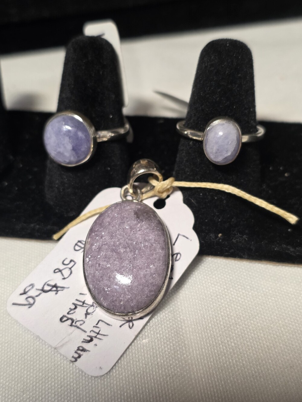 Sterling Silver Lavender Ha ckmanite Stone Rings and Lepidiolite Pendant Set -